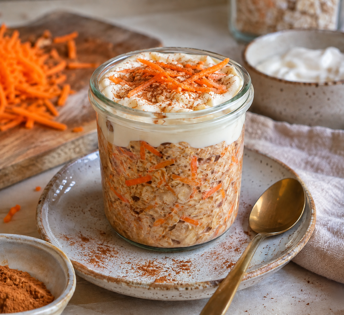 Carrotcake overnight oats uit de oven met vanilleskyr